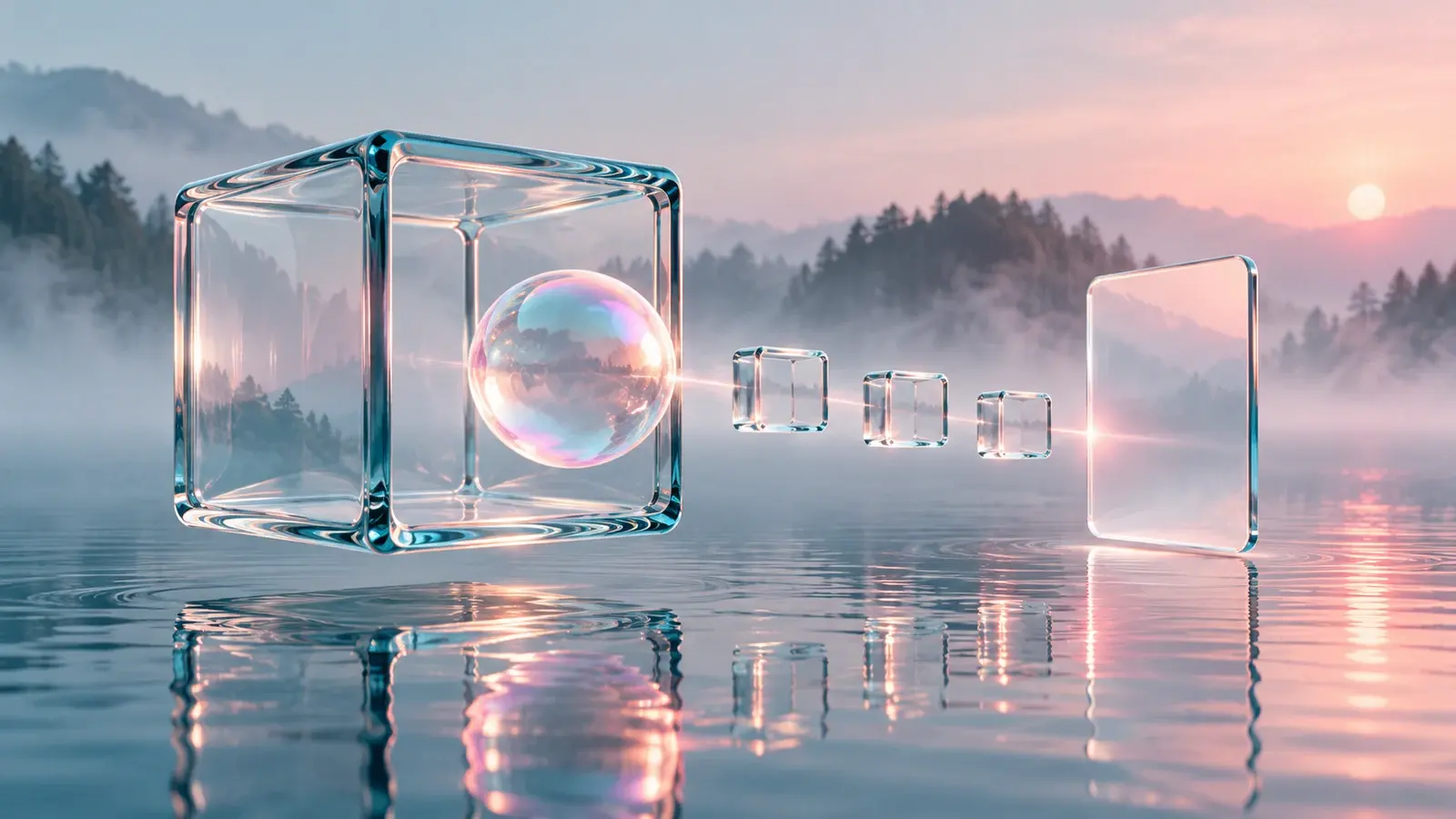 An iridescent bubble inside a transparent cube connects through three small glass cubes to a glass payment card above a misty lake.