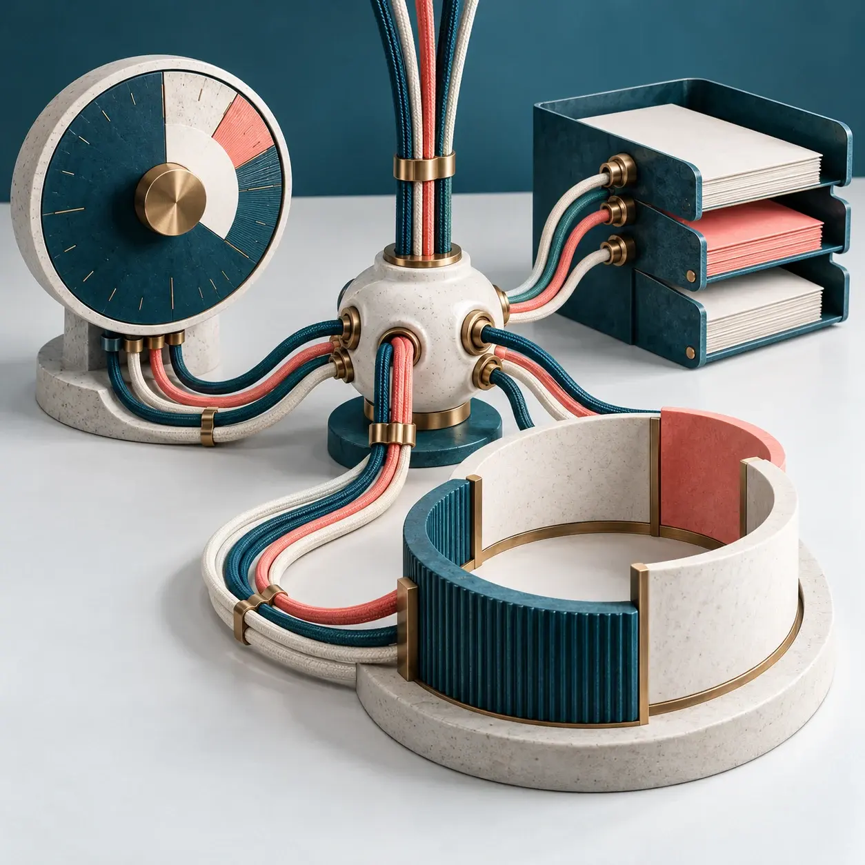 Woven cables connecting a dial, archive tray and open ring through a central junction