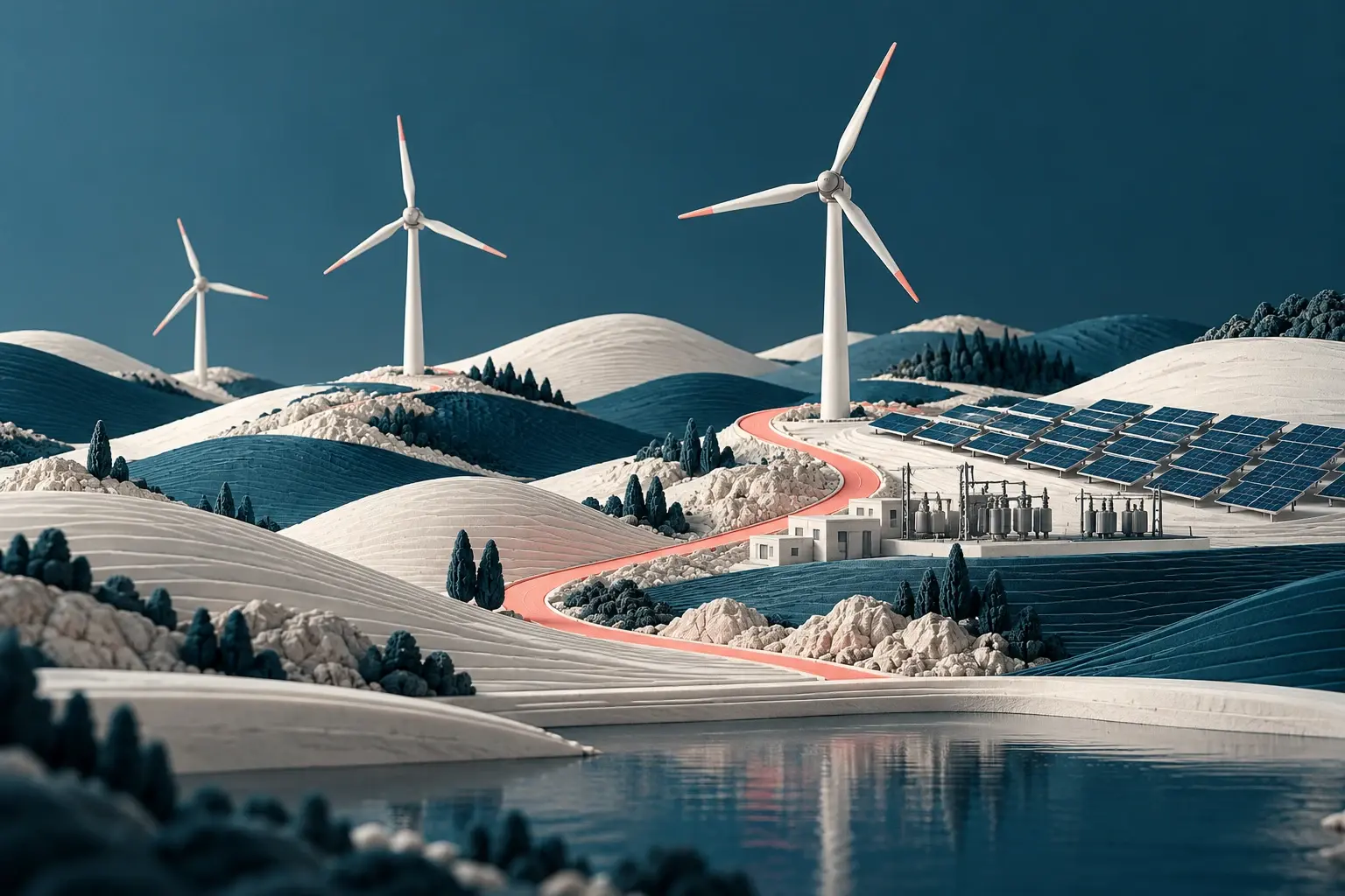 Wind turbines, solar panels and a substation across sculpted hills
