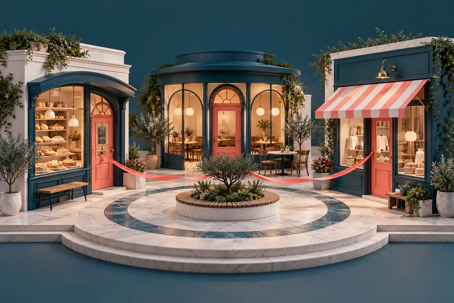 Three distinct storefronts joined around a shared courtyard
