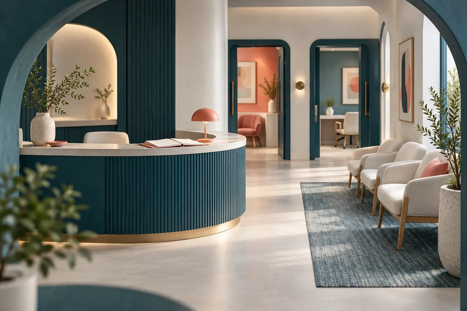 A clinic reception desk, appointment folio and waiting area