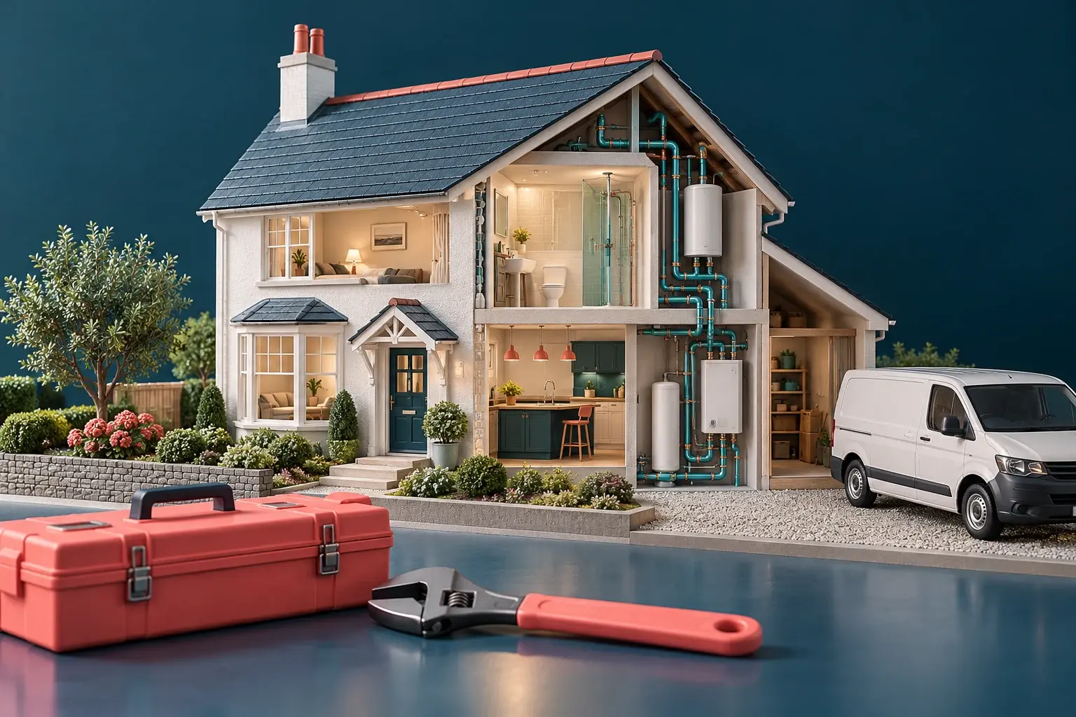 A cutaway house with visible pipework, a service van and a tool case