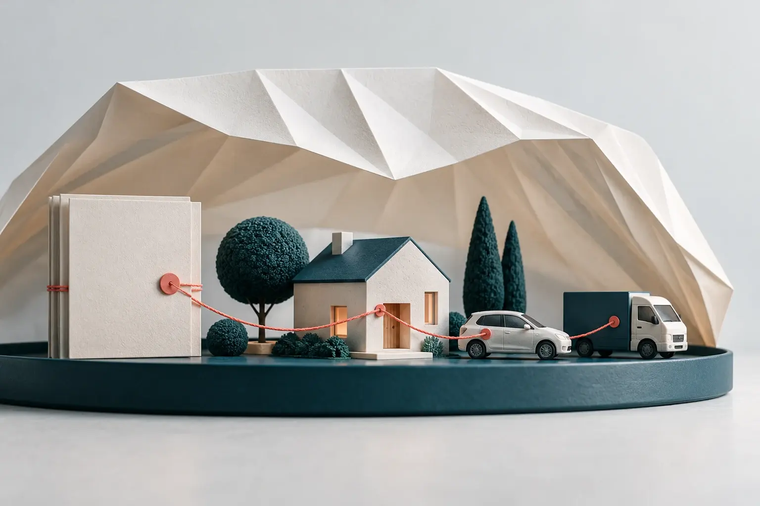 A folded paper canopy above a house, vehicle and connected case folio