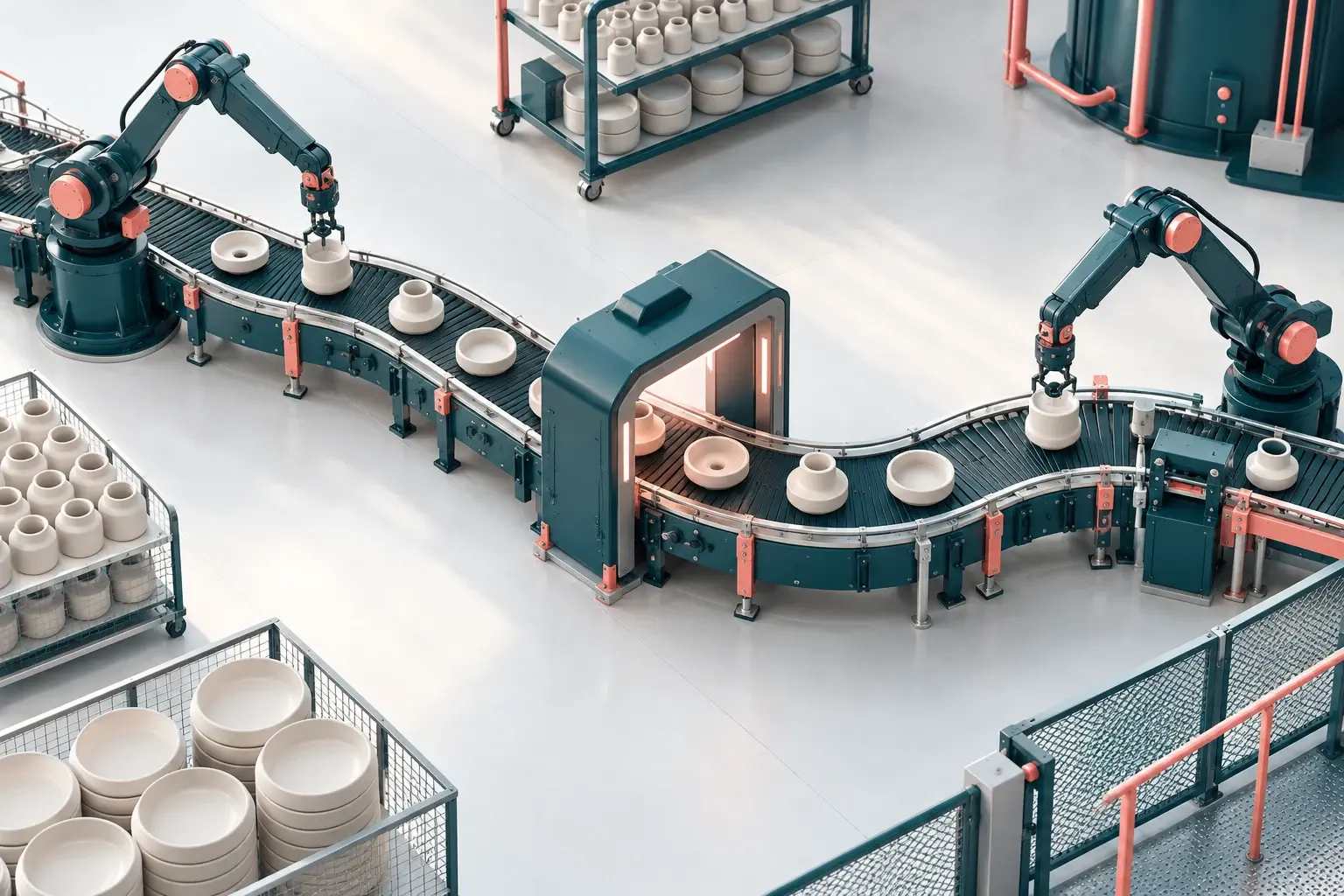 An S-shaped production line with mechanical arms and an inspection station