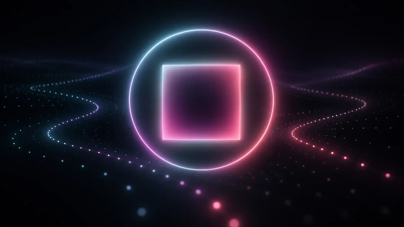 A pink and teal square of light inside a luminous circle, with waves and a lattice of faint points against black.