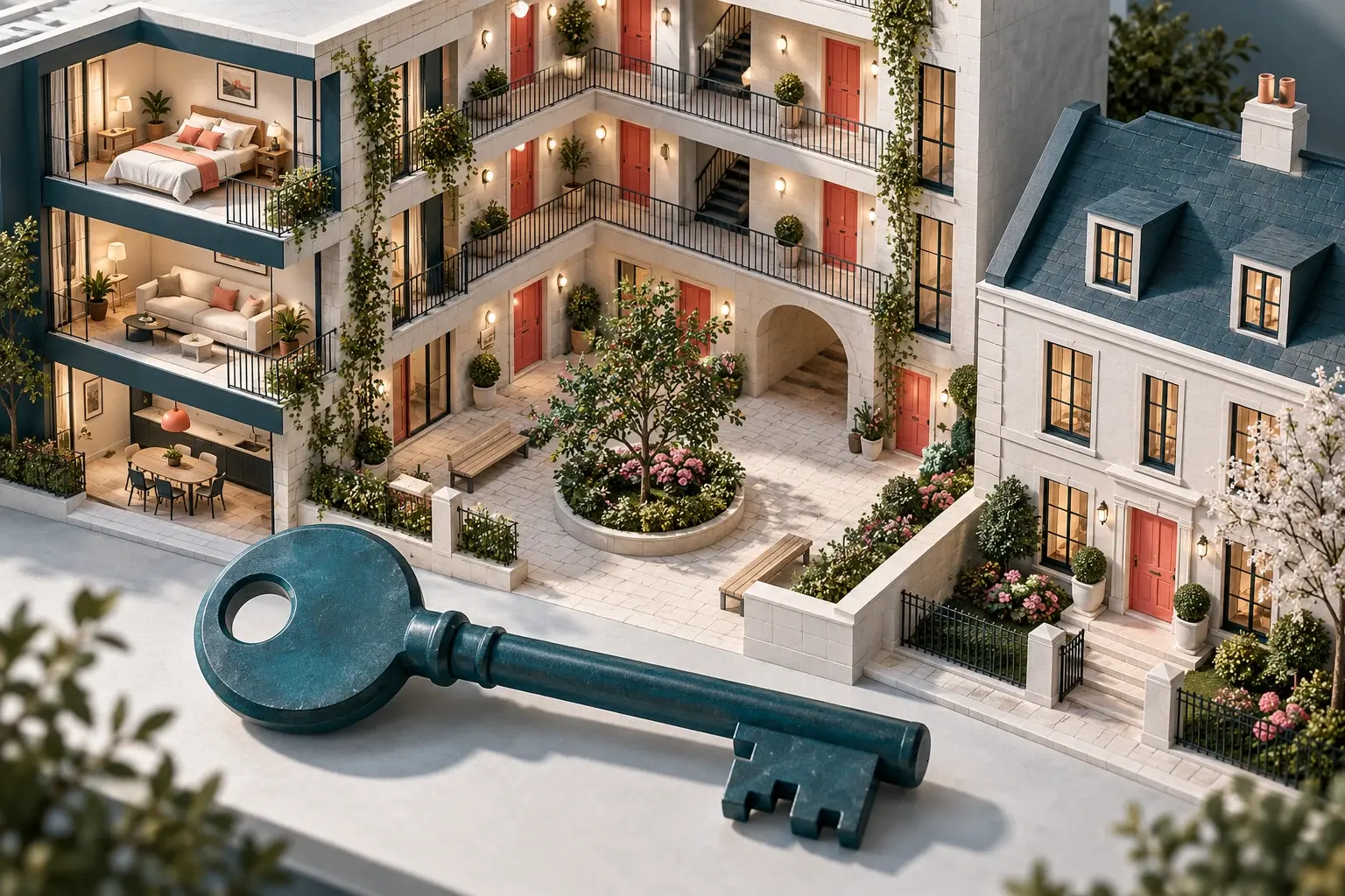 Courtyard homes and a large teal key arranged as an architectural model