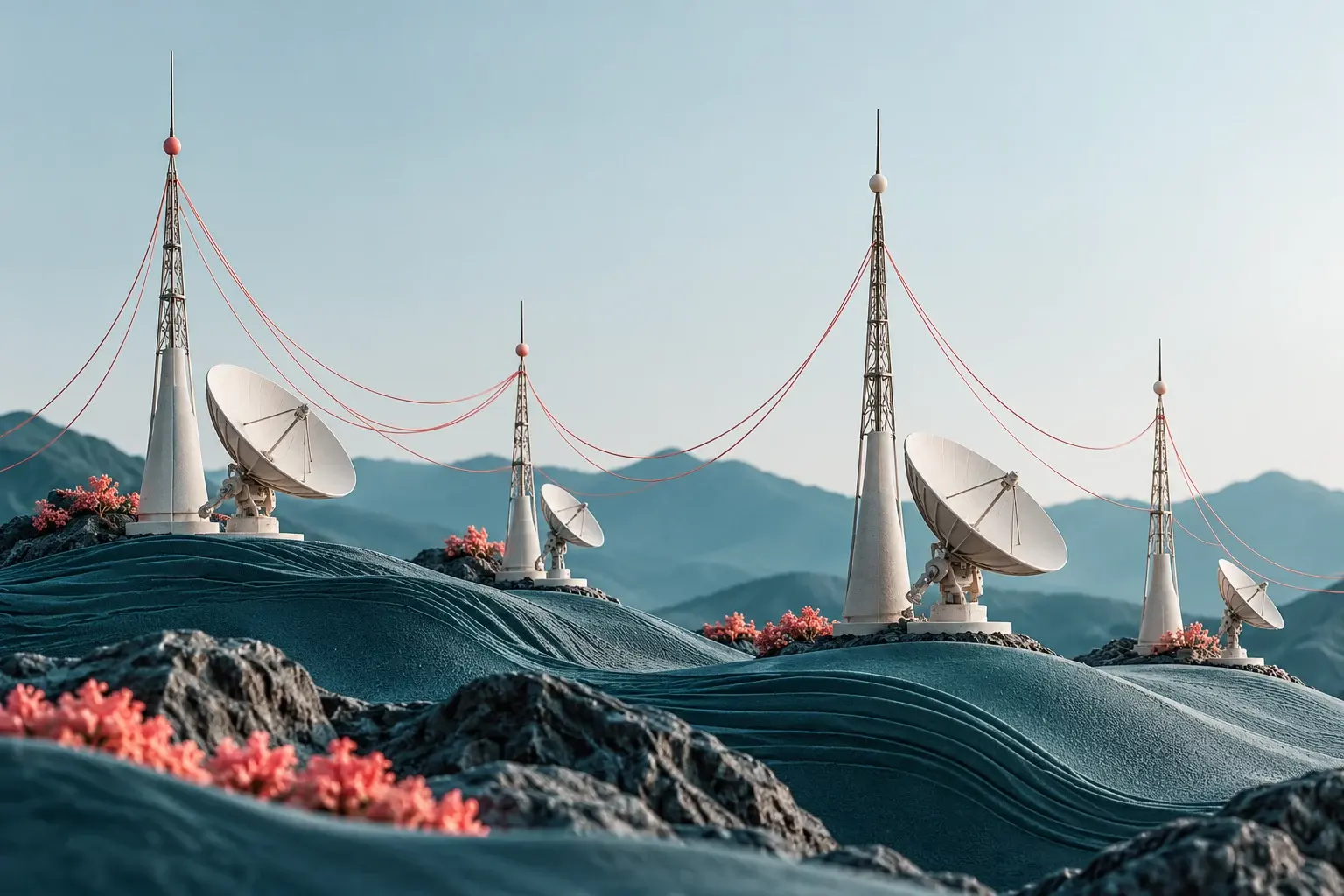 Radio masts and dishes connected by fine coral lines across sculpted terrain