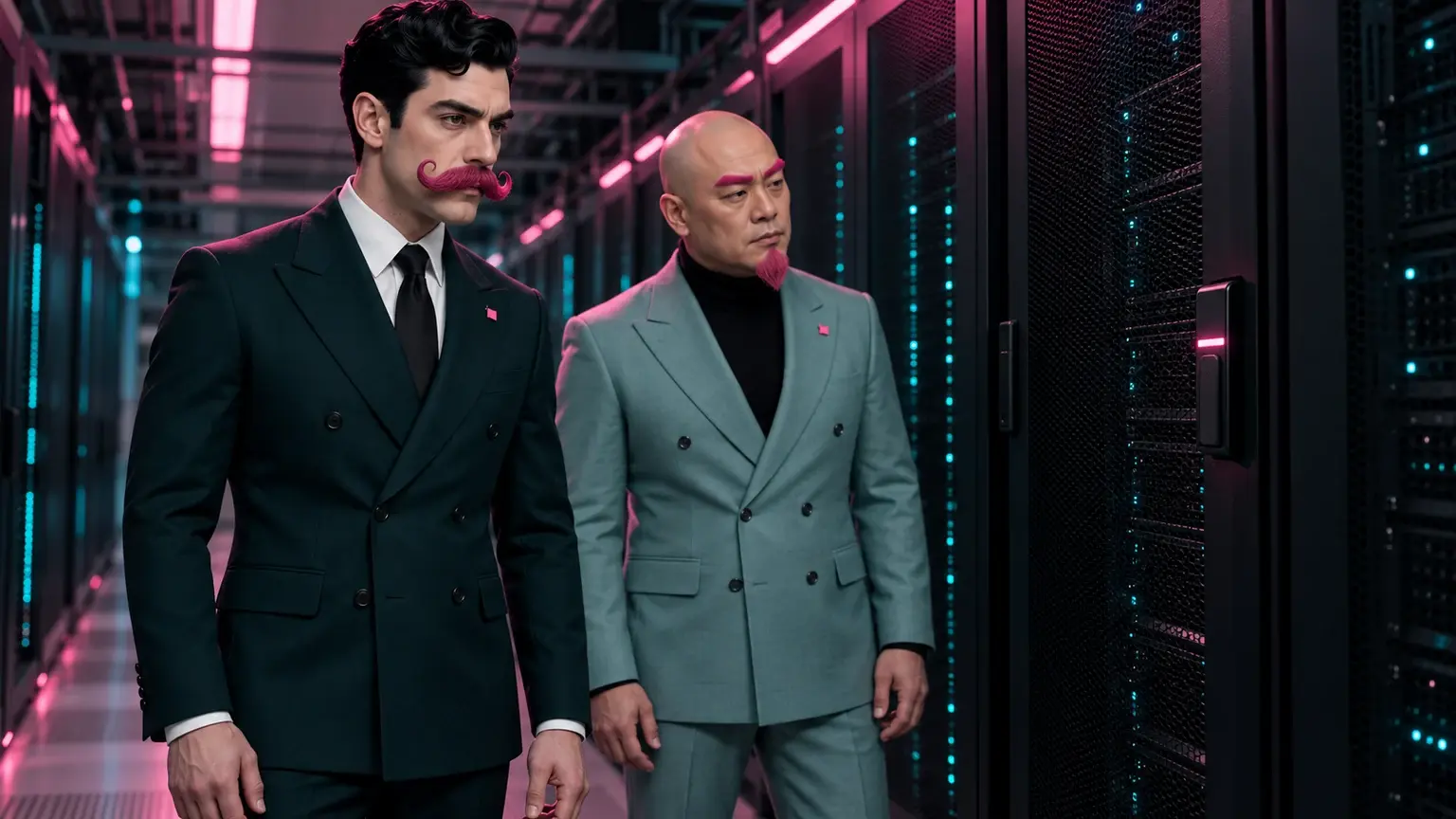 Two suited dplyz characters with pink facial hair inspect a closed server cabinet in a data-centre aisle lit pink and teal.