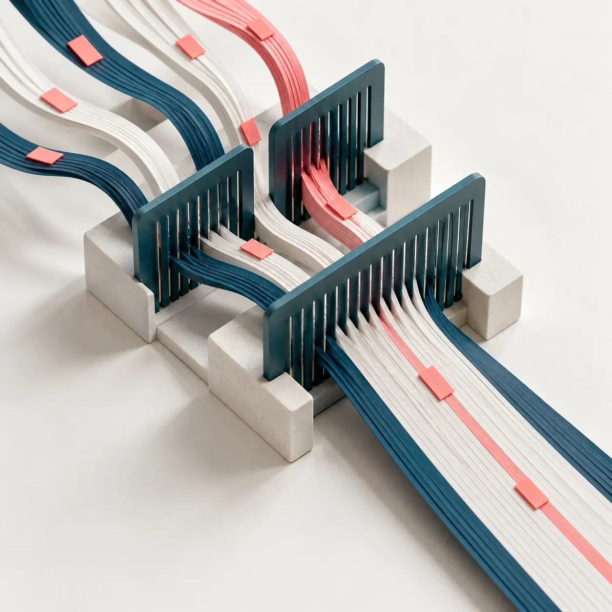Paper streams passing through alignment combs into a single ordered ribbon