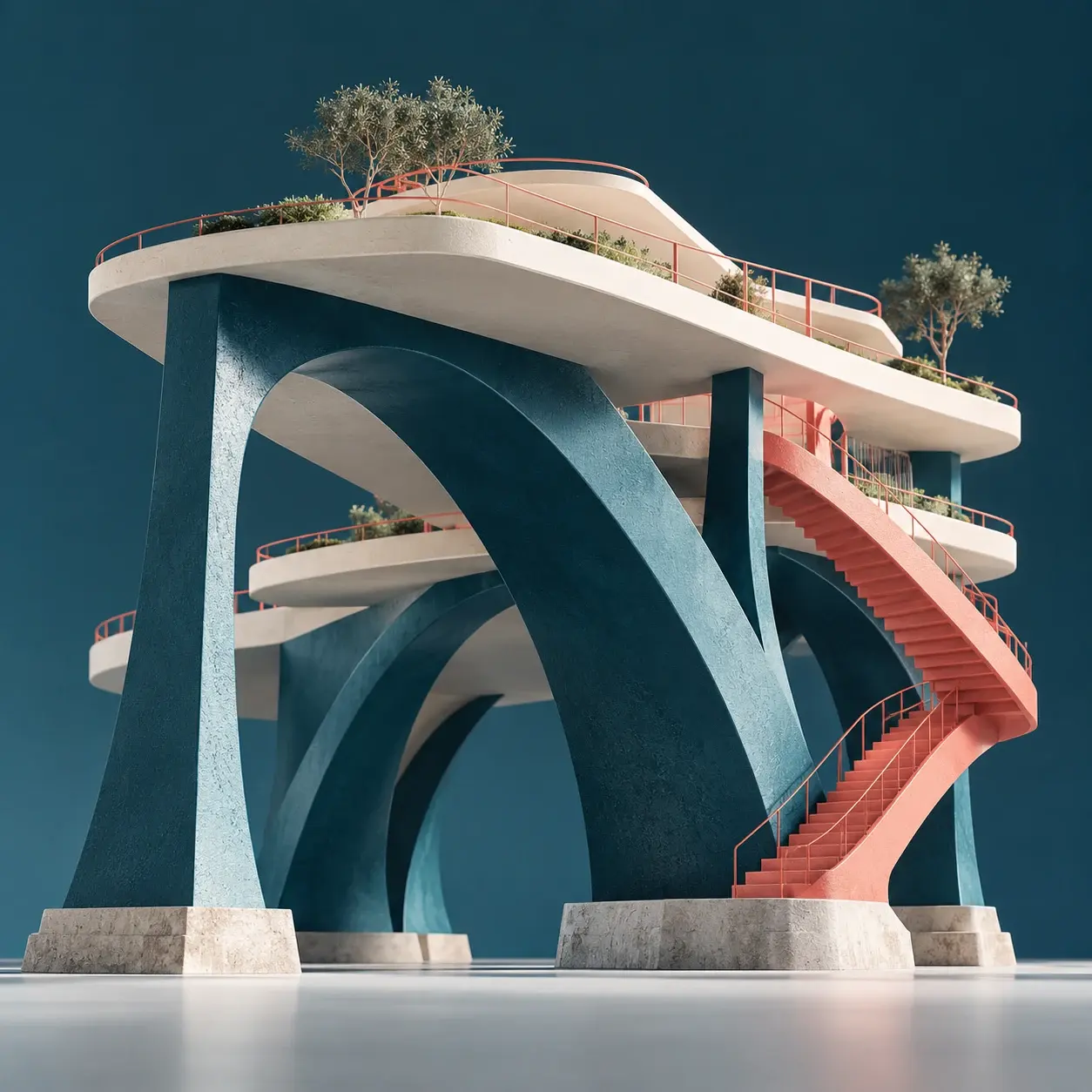 Sweeping arches supporting layered terraces with an accessible coral staircase