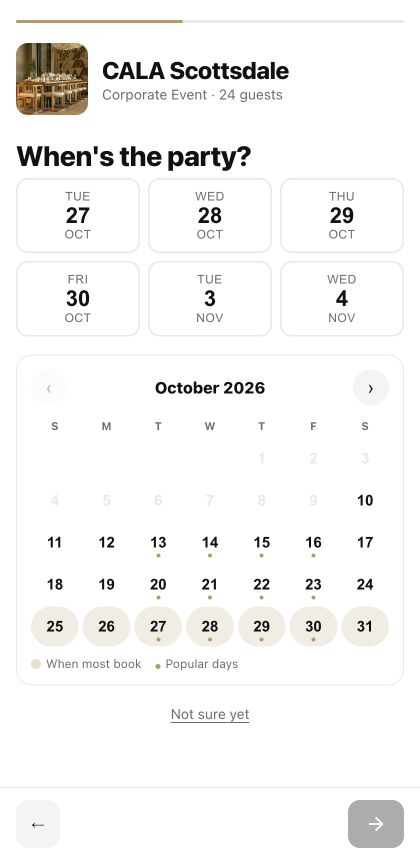 The CALA booking app offers date suggestions and a calendar for an example corporate event
