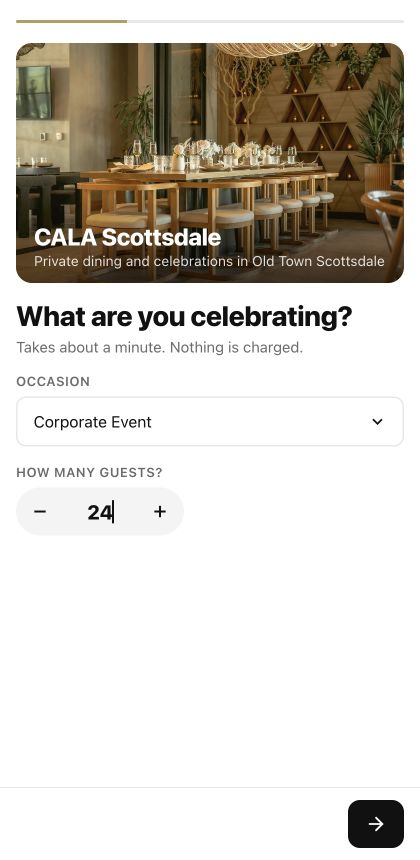 The CALA booking app asks guests about their occasion and group size