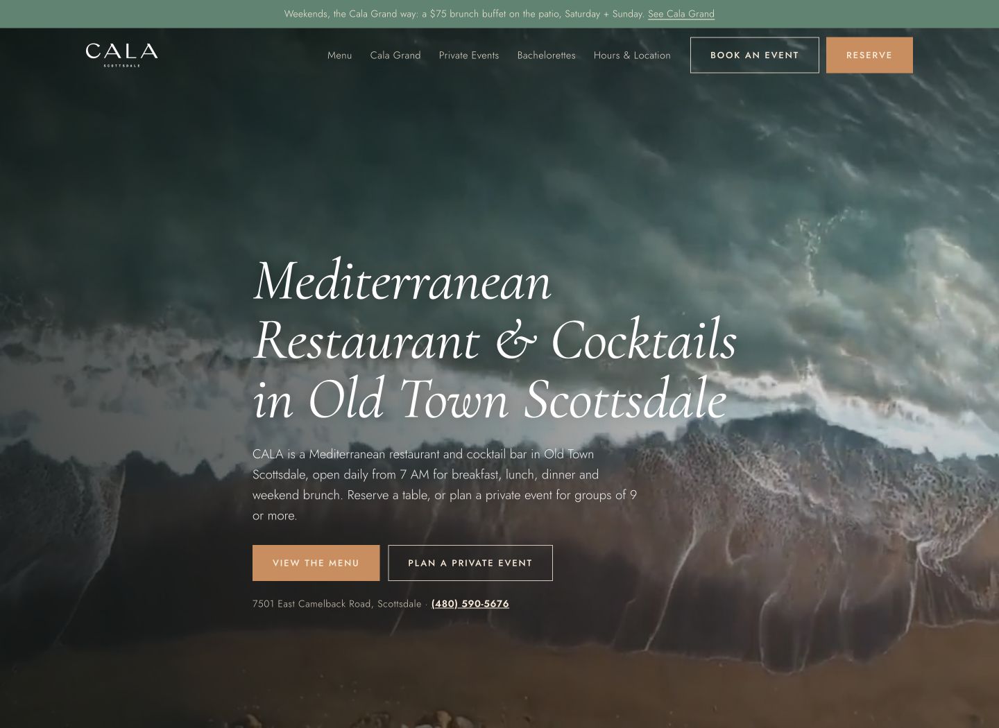 The rebuilt CALA homepage, with a Mediterranean coastal hero and clear paths to the menu and private-event inquiries